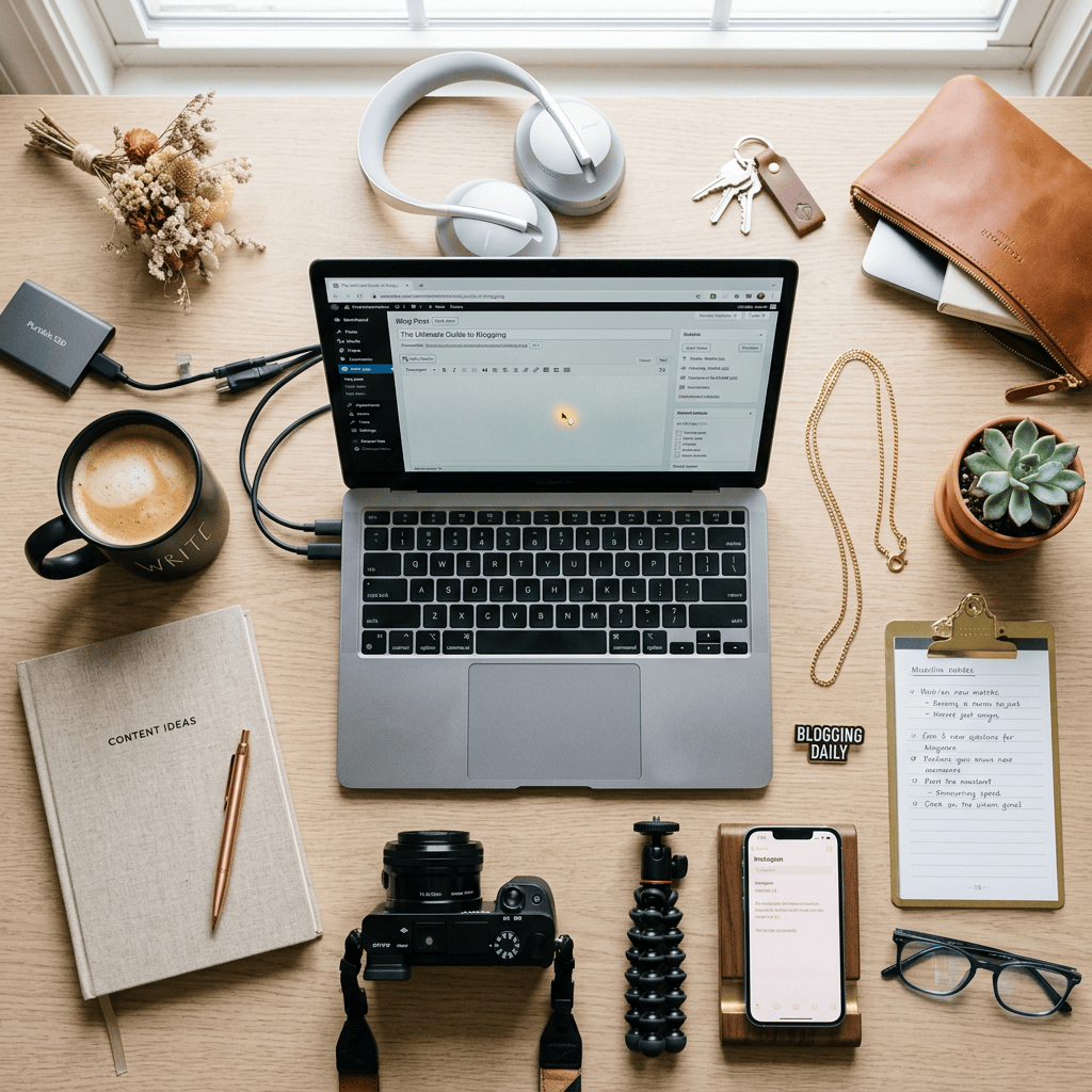 Laptop displaying blog post editor surrounded by coffee, notebook, camera, headphones, phone, and other desk items