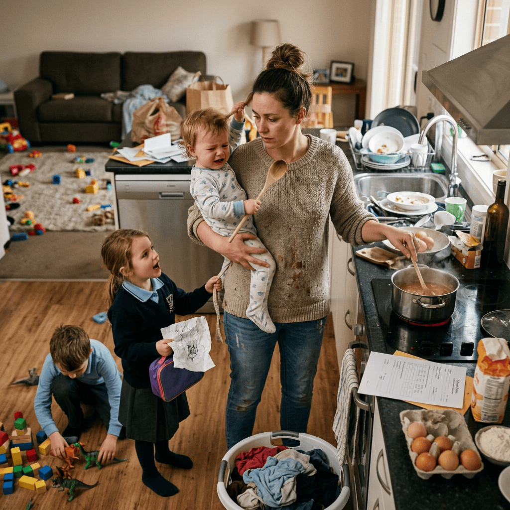 Frustrated mother cooking while holding a crying toddler and attending to two other children in a messy kitchen.