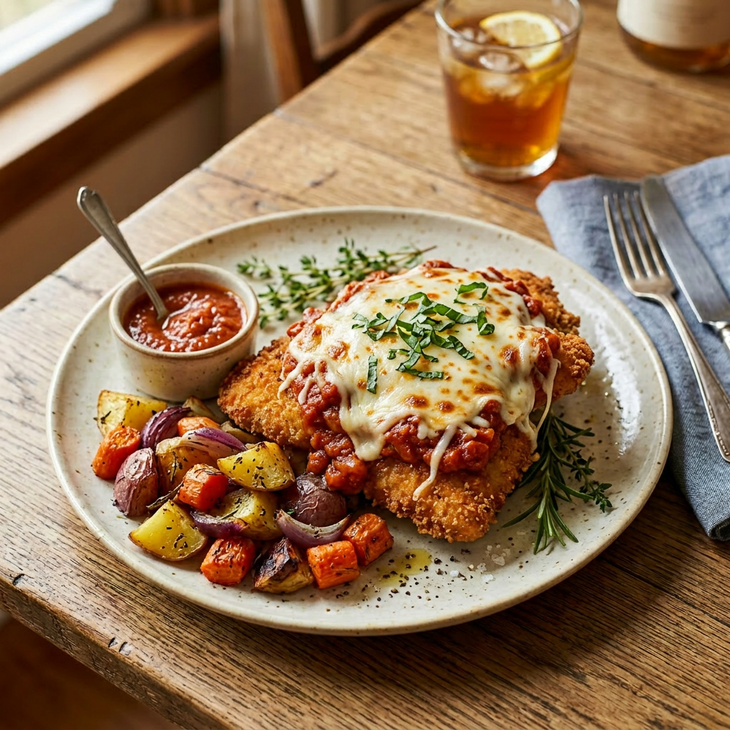 Chicken parmesan plated with marinara and melted cheese