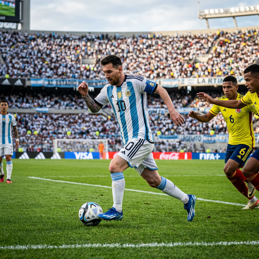 Lionel Messi controlling the ball close to the corner with two Colombian defenders nearby in a crowded stadium