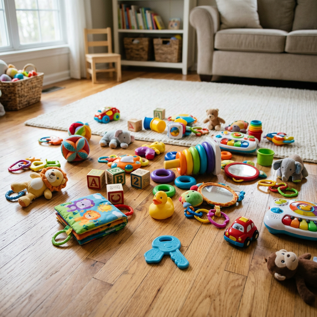 baby toys scattered on floor