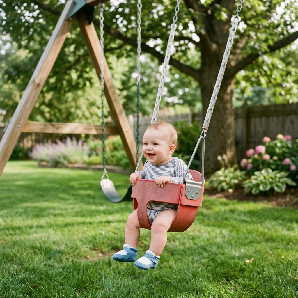 Baby smiling in a red swing seat in a green backyard